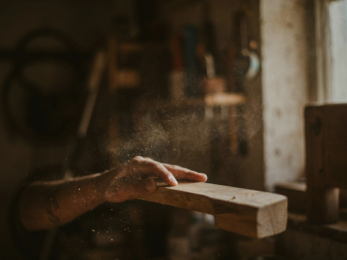 Mains ponçant une pièce de bois dans un petit atelier, outils accrochés au mur