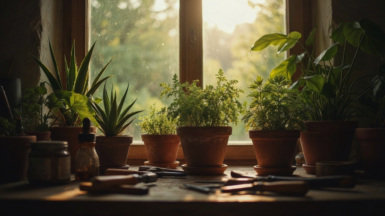 Atelier chaleureux avec meubles en bois faits main et plantes, au soleil couchant