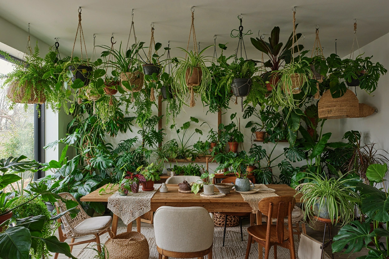 Salon lumineux rempli de plantes vertes avec des suspensions végétales