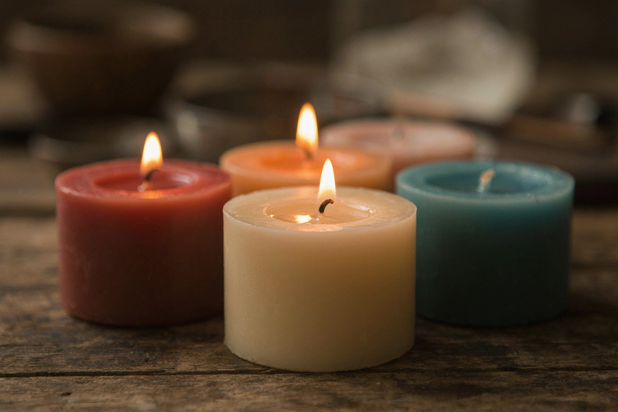Bougies moulées maison de plusieurs couleurs sur une table en bois