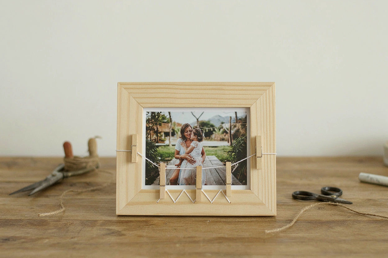 Cadre photo en bois avec un motif en fil blanc et des pinces à linge miniatures