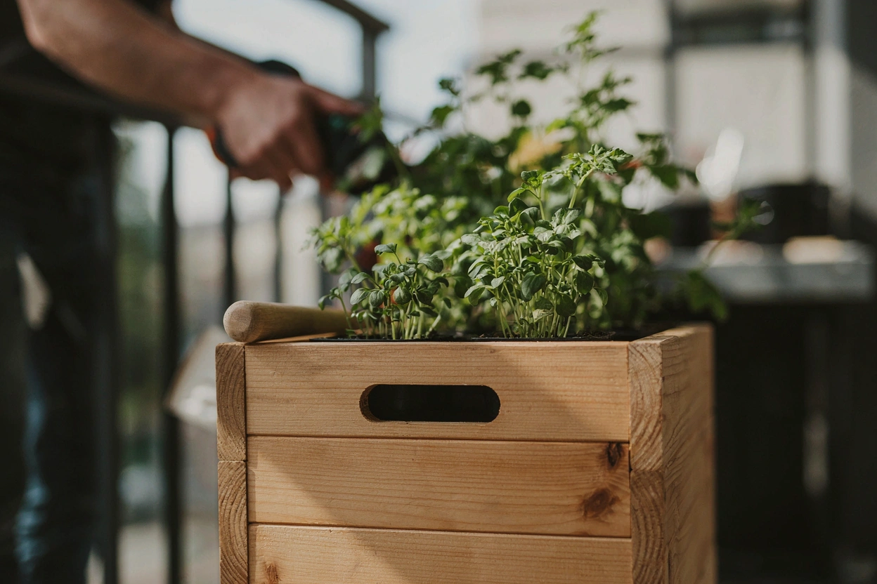 Construction d'une jardinière en bois sur un balcon ensoleillé avec des herbes aromatiques