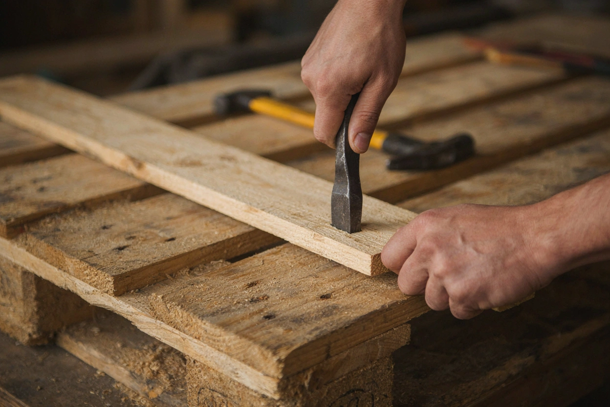 Mains démontant une palette en bois à l'aide d'un pied-de-biche