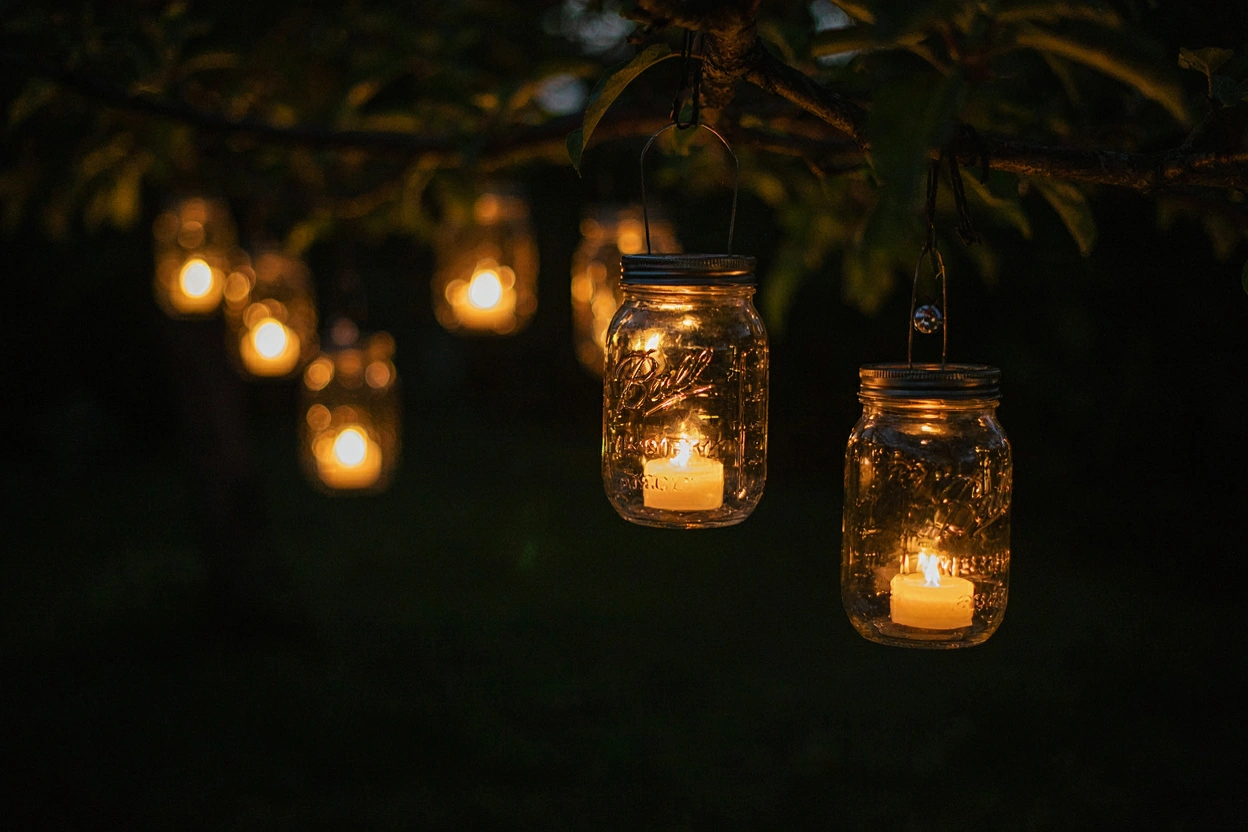 Photophores en bocaux suspendus qui brillent dans un jardin au crépuscule