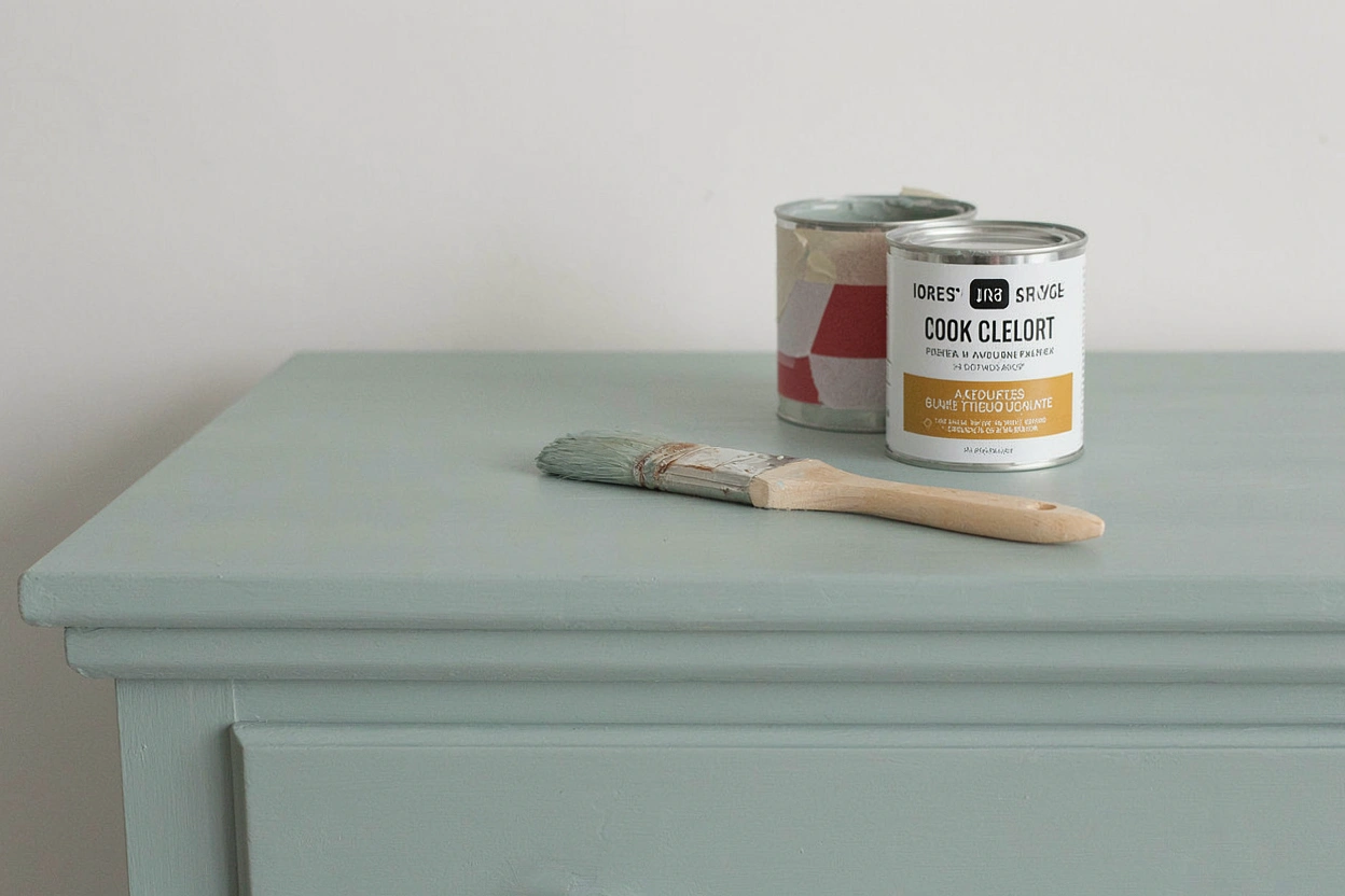 Commode en bois peinte en vert sauge avec un pinceau