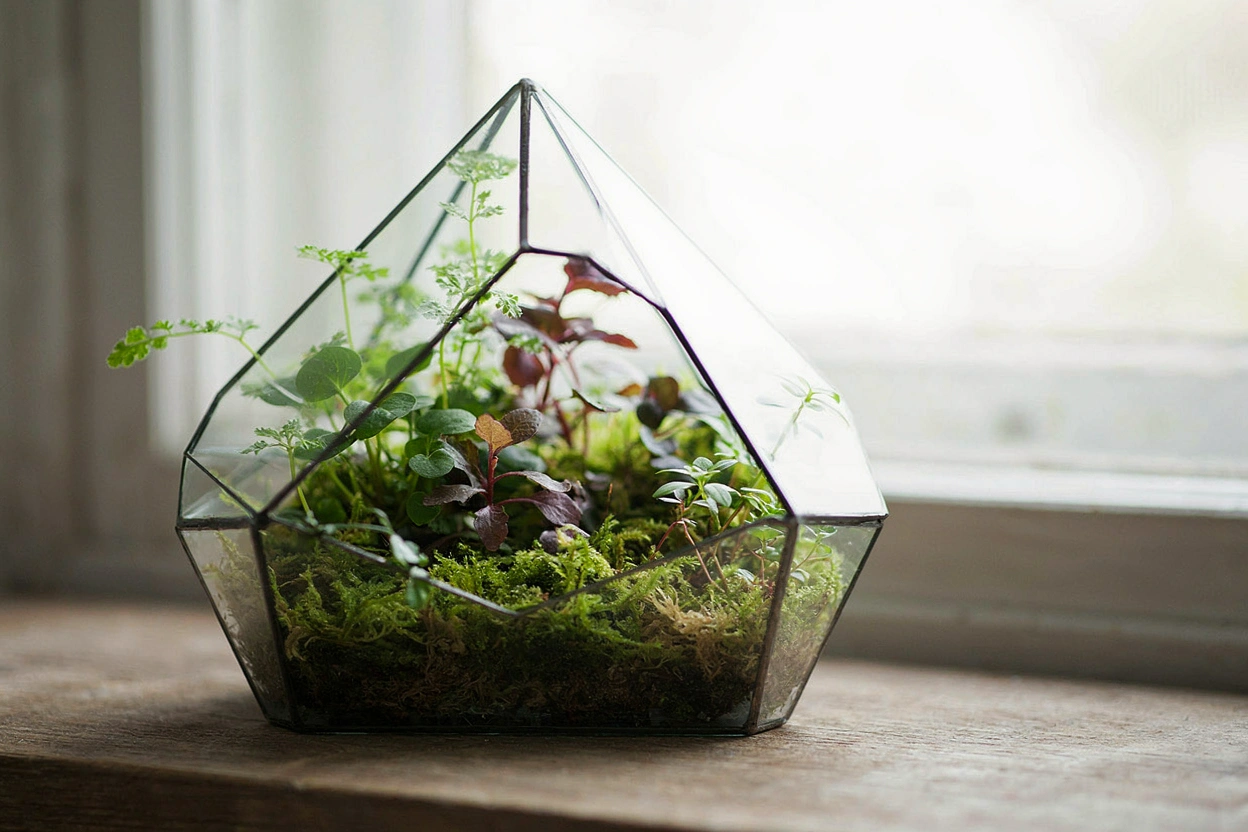 Terrariums en verre avec mousse et petites plantes sur une étagère en bois